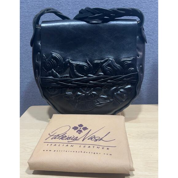 Patricia Nash Leather Firenze Tooled Flap Bag Black w/ Dust Bag Mint Condition - Picture 3 of 16